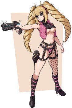 1girl aiming belt black_belt black_boots black_eyes black_sclera blonde_hair boots breasts closed_mouth colored_sclera commentary commission crop_top cropped_jacket double-parted_bangs english_commentary fingernails full_body gun high_heel_boots high_heels highres holding holding_gun holding_weapon jacket large_breasts midriff nail_polish oninuer open_clothes open_jacket original pink_jacket pink_nails pouch simple_background single_fishnet_legwear sleeveless sleeveless_jacket solo standing thigh_pouch twintails weapon