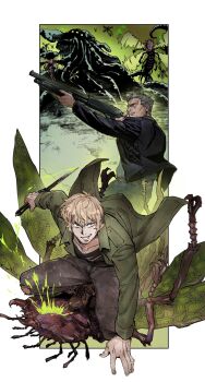 12v 2boys black_hair black_shirt blood border brown_hair bug facial_hair goatee_stubble green_blood grey_eyes grey_hair gun highres holding holding_gun holding_knife holding_weapon knife long_sleeves male_focus mature_female monster multiple_boys open_mouth original parted_lips shirt short_hair shotgun stubble weapon white_border