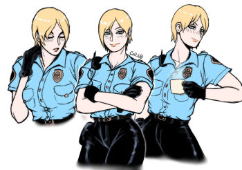 Rule 34 | 1girl, absurdres, badge, belt, black belt, black pants, blonde hair, blue shirt, coffee, coffee mug, cup, cybil bennett, female focus, highres, konami, mug, pants, police, police badge, police uniform, policewoman, receiver, shirt, silent hill, silent hill (series), smile, solidusgrilo