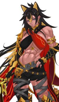 1girl :< abs absurdres armor belt black_hair blonde_hair blue_eyes breasts colored_inner_hair commentary dark-skinned_female dark_skin dehya_(genshin_impact) earrings english_commentary genshin_impact hair_between_eyes hand_on_own_hip highres holding holding_sword holding_weapon jewelry kaiel_(artist) large_breasts long_hair looking_at_viewer midriff multicolored_hair muscular muscular_female nail_polish red_nails shoulder_armor simple_background solo sword weapon
