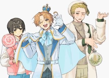 Rule 34 | 3boys, ahoge, arched crown, axis powers hetalia, belt, beret, black hair, black pants, blonde hair, blue belt, blue bow, blue bowtie, blue cape, blue eyes, blue gem, blue pants, blush, bow, bowtie, brown belt, brown eyes, buttons, candy, cape, closed mouth, coat, collared cape, collared shirt, commentary request, cowboy shot, crown, damoi home, denim, food, formal clothes, gem, germany (hetalia), gloves, grey sweater, grey vest, half-closed eyes, hand up, hands up, hat, holding, holding candy, holding food, holding lollipop, hood, hooded jacket, jacket, japan (hetalia), jar, jewelry, lapels, large bow, letterman jacket, lollipop, long sleeves, looking at another, looking at viewer, male focus, mini crown, multicolored jacket, multiple boys, northern italy (hetalia), one eye closed, open clothes, open coat, open jacket, open mouth, orange eyes, orange hair, pants, parted bangs, pendant, pink bow, pink jacket, polka dot, polka dot bow, puffy long sleeves, puffy sleeves, shirt, short hair, simple background, smile, standing, suit, suit jacket, sweatdrop, sweater, swirl lollipop, t-shirt, teeth, tongue, turtleneck, turtleneck sweater, two-sided cape, two-sided fabric, two-tone jacket, vest, white background, white cape, white coat, white gloves, white hat, white jacket, white shirt, yellow pants