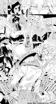 1girl 4boys angry asakura_yoh aura bare_shoulders battle blood blush_stickers cape chinese_clothes corpse eliza_(shaman_king) fighting flashback forced gargoyle ghost glasses gloves grin hairband hat headphones highres holding holding_sword holding_weapon horse husband_and_wife injury johann_faust_viii katana long_hair looking_at_another looking_to_the_side lying monochrome multiple_boys official_art oyamada_manta polearm ponytail possessed possession scarf sequential shaman_king short_hair skeleton sky smile spiked_hair sword tao_ren tears translation_request very_long_hair violence walking weapon aged_down