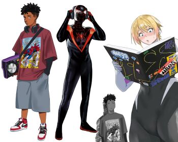 1boy 1girl animal_print black_hair blonde_hair blue_eyes blush bodysuit dark-skinned_male dark_skin gwen_stacy highres looking_at_viewer marvel mask miles_morales mugi_(mugit49) original short_hair spider-gwen spider-man spider-man:_across_the_spider-verse spider-man:_into_the_spider-verse spider-man_(miles_morales) spider-man_(series) spider-verse spider_print spider_web_print superhero_costume very_dark_skin