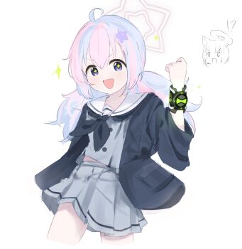 +_+ 2girls :d absurdres ahoge arm_up ben_10 black_jacket black_neckerchief blue_archive blue_eyes blue_hair chibi chibi_inset clenched_hand commentary cropped_legs dated_commentary english_commentary grey_serafuku hair_between_eyes hair_intakes hair_ornament halo highres jacket kazusa_(blue_archive) long_hair long_sleeves looking_at_viewer low_twintails meliach multicolored_hair multiple_girls neckerchief omnitrix open_clothes open_jacket open_mouth pink_hair reisa_(blue_archive) sailor_collar school_uniform serafuku smile sparkle star_(symbol) star_hair_ornament star_halo twintails two-tone_hair v-shaped_eyebrows white_sailor_collar