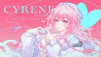 1girl absurdres aqua_hair blue_hat blue_jacket breasts character_name chinese_clothes clothes_writing commentary_request crop_top cyrene_(honkai:_star_rail) cyrene_(nylon_japan)_(honkai:_star_rail) cyrene_(ripples_of_past_reverie)_(honkai:_star_rail) diamond-shaped_pupils diamond_(shape) four-finger_heart_hands hat heart heart_hands highres honkai:_star_rail honkai_(series) hyurns jacket large_breasts long_hair looking_at_viewer official_alternate_costume pink_background pink_hair pointy_ears purple_eyes solo symbol-shaped_pupils upper_body very_long_hair