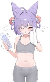 1girl absurdres ahoge alternate_hair_length alternate_hairstyle bare_shoulders blue_eyes blush bottle commentary_request cone_hair_bun cowboy_shot double_bun flat_chest gamble_0 gluteal_fold grey_pants grey_sports_bra hair_bun hair_ornament half-closed_eyes heterochromia highres holding holding_bottle holding_towel korean_commentary loli looking_at_viewer midriff navel open_mouth pants purple_hair short_hair simple_background solo sports_bra standing steaming_body stellive stomach sweat tenko_shibuki towel virtual_youtuber water_bottle white_background wristband yellow_eyes yoga_pants