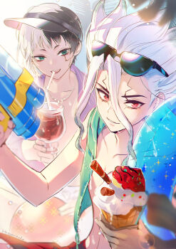 2boys absurdres asagiri_gen black_hair cup doran_(doran7280) dr._stone drink drinking_glass drinking_straw eyewear_on_head food green_eyes highres holding holding_cup holding_water_gun ice_cream ice_cream_cone ishigami_senkuu jewelry long_hair looking_at_viewer male_focus male_swimwear multicolored_hair multiple_boys necklace red_eyes short_hair smile split-color_hair sunglasses two-tone_hair visor_cap water_gun white_hair