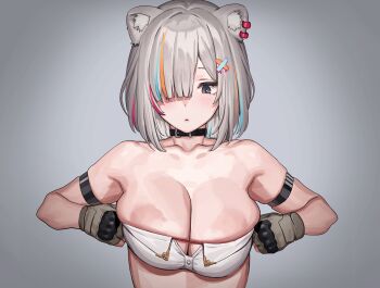 ... 1girl animal_ear_fluff animal_ear_piercing animal_ears areola_slip arm_strap asymmetrical_bangs black_choker black_eyes blue_hair blush breasts choker cleavage fingerless_gloves gloves gradient_background grey_background grey_gloves grey_hair hair_ornament hair_over_one_eye highres hololive large_areolae large_breasts light_blue_hair lion_ears looking_at_viewer multicolored_hair official_alternate_hair_length official_alternate_hairstyle orange_hair parted_lips pasties pink_hair shishiro_botan shishiro_botan_(button-down) short_hair simple_background skindentation solo sound_effects strapless streaked_hair string tenchisouha tube_top upper_body virtual_youtuber white_tube_top x_hair_ornament