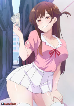 1girl artist_name blush braid breasts brown_eyes brown_hair cleavage collarbone hand_on_own_thigh highres kami_otaku kanojo_okarishimasu large_breasts long_hair mizuhara_chizuru money pink_shirt prostitution shirt skirt smile thick_thighs thighhighs thighs white_skirt white_thighhighs wide_hips