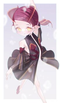 1girl absurdres bare_shoulders black_panties captaintcher detached_sleeves dress flat_chest highres looking_at_viewer original panties pointy_ears red_hair see-through_clothes see-through_dress smile solo underwear yellow_eyes