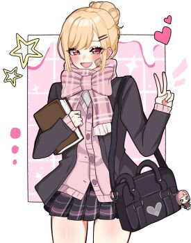 1girl bag bandaid bandaid_on_face blazer blonde_hair blush book bow cardigan hair_bun hair_ornament hairclip heart highres holding holding_book jacket kitagawa_marin miovartz pink_cardigan pink_eyes pink_scarf scarf scarf_bow school_bag school_uniform sono_bisque_doll_wa_koi_wo_suru star_(symbol) v