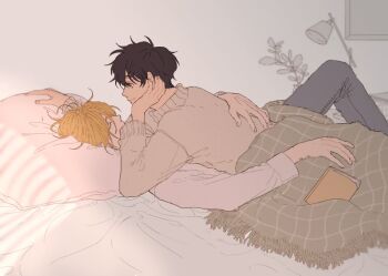 Rule 34 | 2boys, a co pi, ash lynx, banana fish, bed, black hair, black pants, blanket, blonde hair, book, brown eyes, closed eyes, closed mouth, commentary request, from side, green blanket, grey sweater, hand on another's back, hand on own face, lamp, long sleeves, lying, male focus, multiple boys, okumura eiji, on back, pants, parted bangs, picture frame, pillow, plant, profile, shirt, sweater, under covers, white shirt, yaoi