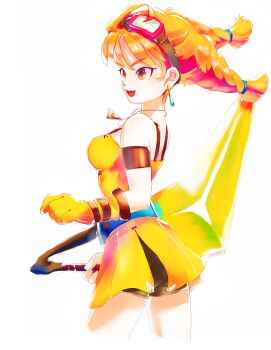 1girl aika_(eternal_arcadia) ass braid breasts eternal_arcadia gloves goggles goggles_on_head hamriku highres medium_breasts orange_hair shorts solo twin_braids