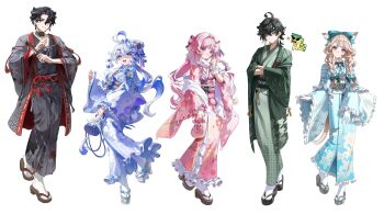 2boys 3girls absurdres ahoge ajaw_(genshin_impact) alternate_costume animal_ears aqua_kimono bag black_hair blonde_hair blue_eyes blue_hair blue_kimono blue_pupils braid cat_ears citlali_(genshin_impact) closed_mouth commentary dasha drop-shaped_pupils floral_print floral_print_kimono flower frilled_kimono frills full_body fur-trimmed_kimono fur_trim furina_(genshin_impact) genshin_impact gloves green_hair green_jacket green_kimono grey_hair hair_between_eyes hair_flower hair_ornament hairclip hand_up hashtag-only_commentary heterochromia highres holding holding_bag jacket japanese_clothes kimono kinchaku kinich_(genshin_impact) leg_up long_hair long_sleeves lynette_(genshin_impact) multicolored_hair multiple_boys multiple_girls open_mouth pink_hair pink_kimono pink_pupils pouch print_kimono purple_eyes simple_background smile socks streaked_hair symbol-shaped_pupils tabi tassel tassel_hair_ornament twin_braids very_long_hair wavy_hair white_background white_gloves white_hair white_socks wide_sleeves wriothesley_(genshin_impact)