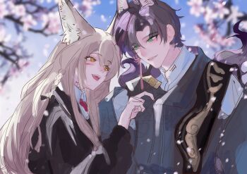 1boy 1girl :d absurdres animal_ear_fluff animal_ears arknights black_jacket blonde_hair blurry blurry_background chinese_commentary commentary_request eyes_visible_through_hair green_eyes hair_between_eyes hair_intakes highres huiyangyixuan jacket long_hair long_sleeves looking_at_another open_mouth orange_eyes purple_hair purple_jacket scar scar_across_eye scar_on_face shirt short_hair smile suzuran's_father_(arknights) upper_body vulpisfoglia_(arknights) watermark white_shirt wind