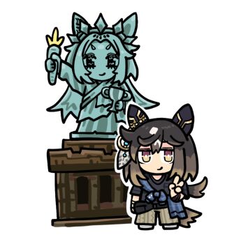 1girl animal_ears black_hair black_shirt blue_shirt brown_eyes brown_hair camouflage camouflage_pants carrot casual chibi chibi_only closed_mouth ear_covers fanny_pack hair_between_eyes highres holding holding_carrot holding_trophy horse_ears horse_girl horse_tail long_hair looking_at_viewer multicolored_hair orfevre_(umamusume) pants parody pikminpreggedup shirt single_ear_cover smile statue statue_of_liberty stay_gold_(casual)_(umamusume) stay_gold_(umamusume) streaked_hair tail trophy umamusume v white_hair