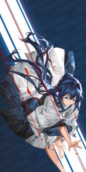 Rule 34 | 1girl, absurdres, alternate costume, animal ears, arknights, astesia (arknights), barefoot, bird ears, blue background, blue hair, chinese clothes, chinese new year, diagonal-striped background, highres, immeasurable, long hair, long sleeves, print background, reaching, solo, star (symbol), striped background, two-tone background, white background, wide sleeves