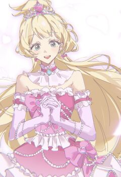 Rule 34 | 1girl, :d, aikatsu! (series), aikatsu stars!, bare shoulders, blonde hair, blue eyes, bow, brooch, commentary request, detached collar, dress, earrings, elbow gloves, frilled dress, frills, gloves, highres, interlocked fingers, jewelry, long hair, looking at viewer, open mouth, own hands together, pink bow, pink dress, ponytail, poteto (mochimochinc), shiratori hime, smile, solo, strapless, strapless dress, textless version, tiara, very long hair, white gloves