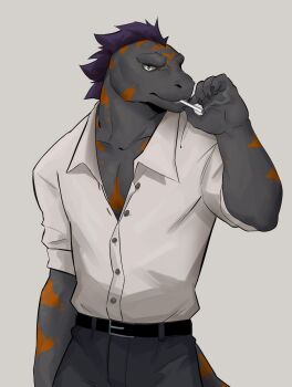 1boy 9klipse cigarette claws commentary echo_(visual_novel) echo_project flynn_moore furry furry_male grey_pants highres holding holding_cigarette lizard_tail looking_at_viewer male_focus pants reptile_boy shirt smoke smoking tail white_background white_shirt