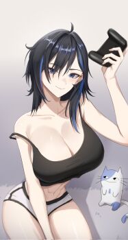 1girl ahoge ayase_yuu black_hair black_tank_top blue_eyes blue_hair breasts cleavage closed_mouth collarbone commission controller corrupted_twitter_file cross cross_earrings earrings game_controller highres holding holding_controller holding_game_controller jewelry large_breasts multicolored_hair navel phase_connect second-party_source shadow single_bare_shoulder smile strap_slip streaked_hair tank_top toned virtual_youtuber yuunion_(ayase_yuu) zenya