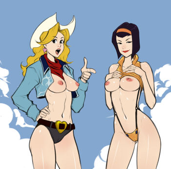 Rule 34 | 2girls, blonde hair, breasts, cameltoe, cloud, cloudy sky, cowboy bebop, faye valentine, hat, judy (cowboy bebop), lipstick, makeup, multiple girls, nipples, purple hair, sky, smile, stomach, tagme