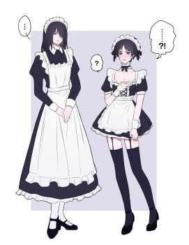 ... 2boys bandage_over_one_eye bandaged_head bandages black_shoes black_thighhighs brown_hair choker commentary crossdressing crossdressing_(mtf) dress dual_persona eren_yeager facial_hair garter_straps goatee green_eyes highres long_dress maid maid_headdress male_focus medium_hair multiple_boys shingeki_no_kyojin shoes short_dress socks spoken_ellipsis symbol-only_commentary thighhighs toubun_teikou white_choker white_socks wrist_cuffs