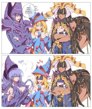 1boy 2girls absurdres black_dress black_hair black_shirt blonde_hair blue_jacket breasts chain cleavage commentary dark-skinned_female dark_magician dark_magician_girl dark_skin dress duel_monster english_commentary exodia_the_forbidden_one genderswap genderswap_(mtf) group_picture hat highres jacket large_breasts long_hair medium_hair millennium_puzzle multicolored_hair multiple_girls muto_yugi purple_eyes purple_hair purple_hat shirt simple_background spiked_hair white_background yu-gi-oh! yu-gi-oh!_duel_monsters zackpyo