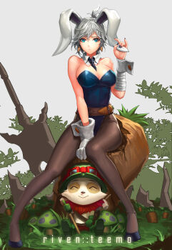 1girl absurdres alternate_costume animal_ears battle_bunny_riven blood breasts brown_pantyhose carrot_earrings character_name cherrylich cleavage daeho_cha earrings fake_animal_ears food-themed_earrings food_themed_earrings highres jewelry large_breasts league_of_legends nosebleed pantyhose phone playboy_bunny rabbit_ears riven_(league_of_legends) teemo