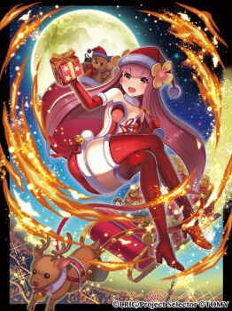 1girl boots breasts christmas_present elbow_gloves fire full_moon gift gloves hanayo_(wixoss) hat holding holding_gift long_hair looking_at_viewer madopen medium_breasts moon official_alternate_costume official_art open_mouth red_boots red_gloves red_hair red_hat reindeer santa_costume santa_hat smile solo thigh_boots very_long_hair wixoss