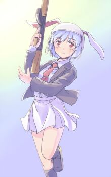 1girl animal_ears black_jacket black_shoes black_socks blue_hair blush buttons collared_shirt commentary_request expressionless foot_out_of_frame gun hand_up helmet holding holding_gun holding_weapon jacket kalashnikov_rifle kneehighs knees long_sleeves necktie one-hour_drawing_challenge purple_background rabbit_ears rabbit_girl rangycrow red_eyes red_necktie reisen_(touhou_bougetsushou) shirt shoes short_hair skirt socks solo thighs touhou weapon white_helmet white_shirt white_skirt