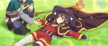 &gt;:) 1boy 1girl bandaged_leg bandages belt belt_collar black_belt black_boots black_cape black_gloves black_hat black_pants black_thighhighs blush boots brown_hair cape capelet closed_mouth collar dress fingerless_gloves game_cg gloves grass green_capelet grey_shirt hand_on_own_knee hat head_out_of_frame highres kono_subarashii_sekai_ni_shukufuku_wo! konosuba!_fantastic_days lens_flare megumin official_art on_ground on_one_knee orb outstretched_arm pants red_dress red_eyes satou_kazuma shirt sidelocks single_thighhigh smile sparkle spread_eagle_position staff thighhighs third-party_source v-shaped_eyebrows wide_brim witch_hat zettai_ryouiki