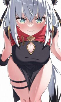 1girl animal_ear_fluff animal_ears black_dress blush braid breasts china_dress chinese_clothes cleavage cleavage_cutout clothing_cutout commentary_request cosplay dress fox_ears fox_girl fox_tail from_above green_eyes hair_between_eyes highres hololive jewelry long_hair looking_at_viewer shirakami_fubuki sidelocks simple_background single_braid smile solo spynai_(klimatic) sweety_(zenless_zone_zero) sweety_(zenless_zone_zero)_(cosplay) tail thigh_strap virtual_youtuber white_background white_hair zenless_zone_zero