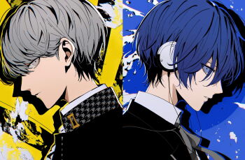 2boys asano_(kazusasn) black_jacket black_ribbon blue_background blue_eyes blue_hair commentary_request gekkoukan_high_school_uniform grey_eyes grey_hair headphones highres jacket multiple_boys narukami_yu neck_ribbon persona persona_3 persona_4 persona_q:_shadow_of_the_labyrinth persona_q_(series) ribbon school_uniform shirt short_hair split_screen white_shirt yasogami_school_uniform yellow_background yuuki_makoto_(persona_3)