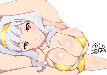 1girl armpits artist_name bikini blush breasts cleavage collarbone exercising female_focus hairband huge_breasts idolmaster idolmaster_(classic) jabara_tornado long_hair looking_at_viewer lying micro_bikini pink_eyes shijou_takane shiny_skin side-tie_bikini_bottom silver_hair simple_background smile solo swimsuit thighs wavy_hair white_background yellow_bikini yoga