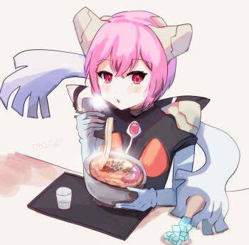 Rule 34 | 1girl, 2024, angel chromosome xx, blowing, blush, breasts, chidori nekoro, crystal, cup, dated, food, gem, hand wings, holding, holding food, ice, interface headset (evangelion), mecha pilot suit, neon genesis evangelion, noodles, pink hair, plugsuit (evangelion), ramen, red eyes, red gemstone, short hair, small breasts, solo, table, wings, zeruel-xx, zeruel (evangelion)