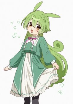 1girl :d animal_ears black_pantyhose corn_kuten dot_nose dress feet_out_of_frame frilled_dress frills green_hair green_jacket head_tilt jacket long_hair long_sleeves looking_at_viewer neck_ribbon ojou-sama_zundamon open_mouth orange_eyes pantyhose pink_ribbon pleated_dress rabbit_ears rabbit_girl ribbon sidelocks skirt_hold smile solo twitter_username voicevox white_dress zundamon