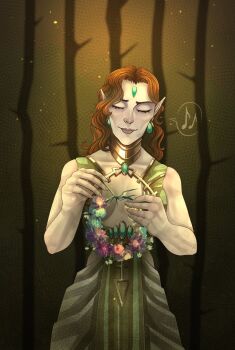 1girl blue_flower center_opening choker clematis_(flower) closed_eyes commentary dress earrings eldar eldar_(symbol) english_commentary flower flower_wreath gem gem_on_head green_dress green_gemstone highres isha_(warhammer) jewelry maranigai musical_note pendant_choker purple_flower red_hair solo spoken_musical_note straight-on tree warhammer_40k