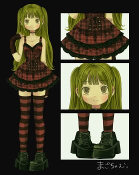 1girl animal_print arm_warmers bare_shoulders black_shoes blush choker closed_mouth dress ear_piercing frilled_dress frills green_eyes green_hair highres leopard_print long_hair looking_at_viewer magochamu original piercing plaid_clothes plaid_dress platform_shoes red_dress shoes short_dress solo spaghetti_strap star_(symbol) star_choker striped_clothes striped_thighhighs thighhighs translation_request two_side_up zettai_ryouiki
