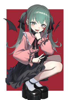 1girl absurdres black_nails black_ribbon black_shoes black_skirt bracelet collar commentary ear_piercing earrings english_commentary fangs frilled_collar frilled_skirt frilled_sleeves frills hair_ornament hatsune_miku heart highres jewelry jirai_kei long_hair long_sleeves looking_at_viewer mask mask_pull mouth_mask neck_ribbon open_mouth piercing pink_shirt platform_heels red_background ribbon ring ringed_eyes shirt shirt_tucked_in shoes simple_background skirt smile socks solo squatting twintails vampire vampire_(vocaloid) vocaloid white_socks wings ye_yemail