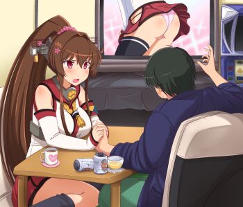 10s 1boy 1girl artist_self-insert bad_id bad_pixiv_id black_hair breasts brown_hair jewelry kantai_collection large_breasts long_hair miniskirt panties pink_panties ponytail red_eyes ring shin'en-san_(shin'en) shin'en_(gyokuro_company) short_hair single_thighhigh skirt thighhighs underwear very_long_hair wedding_band yamato_(kancolle)