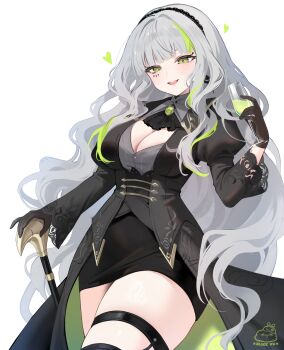 1girl alice_vu artist_logo artist_name ascot black_ascot black_gloves black_hairband black_jacket black_skirt black_thighhighs blunt_bangs blush breasts buttons cane champagne_flute cleavage commentary cup drinking_glass firenze_(stella_sora) gem gloves green_eyes green_gem green_hair green_liquid green_streaks grey_hair grey_shirt hairband hand_up head_tilt highres holding holding_cane holding_cup jacket large_breasts logo long_hair long_sleeves looking_at_viewer miniskirt multicolored_hair open_mouth shirt sidelocks simple_background skirt solo standing stella_sora streaked_hair symbol-only_commentary teeth thigh_strap thighhighs thighs two-sided_fabric two-sided_jacket upper_teeth_only very_long_hair wavy_hair white_background
