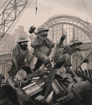 3boys absurdres angusburgers arm_hair beard chest_hair city crane_(machine) debris facial_hair foreman_spike gloves greyscale hard_hat helmet highres holding holding_mallet hook luigi mallet mario mario_(series) monochrome multiple_boys muscular muscular_male mustache nintendo outdoors overalls walking wide_shot wrecking_crew