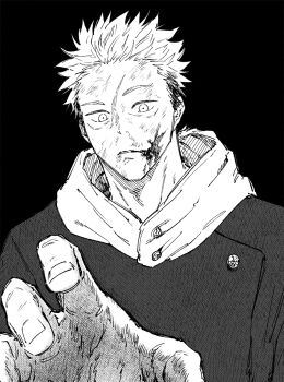 1boy black_background blood blood_on_face commentary_request dirty dirty_face greyscale highres hood hood_down itadori_yuuji jacket jj59u jujutsu_kaisen jujutsu_tech_uniform male_focus monochrome reaching reaching_towards_viewer scar scar_on_face simple_background solo upper_body