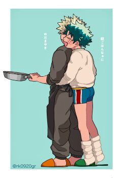 apron ass bakudeku bakugou_katsuki blonde_hair blush boku_no_hero_academia breakfast cooking curly_hair freckles green_hair highres hug legs messy_hair midoriya_izuku pants rk0920gr shota slippers smile socks spiked_hair sweater underwear waking_up