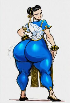 1girl ass capcom chun-li earrings highres huge_ass jewelry lips looking_at_viewer simonxross simple_background smile solo standing street_fighter