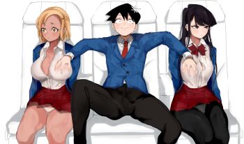 1boy 2girls black_eyes black_hair black_pantyhose blonde_hair blush breasts dark-skinned_female dark_skin embarrassed grabbing_another's_breast groping highres komi-san_wa_komyushou_desu komi_shouko large_breasts looking_at_viewer looking_to_the_side mamimi_(mamamimi) manbagi_rumiko multiple_girls necktie orange_eyes panties panties_under_pantyhose pantyhose school_uniform short_hair sitting size_difference skirt smile tadano_hitohito underwear