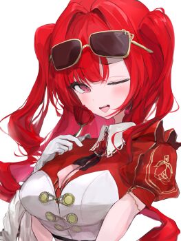 1girl absurdres blair_rose blush breasts chan1moon cleavage cleavage_cutout clothing_cutout eyewear_on_head flower gloves hair_intakes hashtag-only_commentary highres holding holding_flower indie_virtual_youtuber long_hair one_eye_closed open_mouth pink_eyes red_flower red_hair solo teeth upper_body upper_teeth_only virtual_youtuber white_gloves