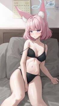 1girl absurdres animal_ear_fluff animal_ears bare_arms bare_shoulders bed_sheet black_bra black_panties blue_archive blue_halo blush bra breasts calendar_(object) cleavage commentary_request fox_ears fox_girl halo highres indoors korean_commentary looking_at_viewer medium_breasts navel niko_(blue_archive) on_bed open_mouth panties photo_(object) pillow pink_hair short_hair sitting solo springrain_06 strap_slip underwear underwear_only
