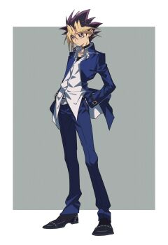 Rule 34 | 1boy, black hair, blonde hair, blue jacket, blue pants, border, commentary request, full body, grey background, hands in pockets, highres, jacket, male focus, multicolored hair, muto yugi, pants, purple eyes, purple hair, shirt, short hair, simple background, solo, spiked hair, white border, white shirt, yoshio 296, yu-gi-oh!, yu-gi-oh! duel monsters
