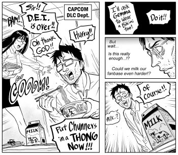 Rule 34 | 1boy, 1girl, absurdres, bb (baalbuddy), black hair, bowl, chopsticks, collared shirt, drink carton, english text, glasses, greyscale, highres, holding, holding bowl, holding chopsticks, long hair, looking at object, milk carton, monochrome, office lady, original, paperclip, shirt, speech bubble